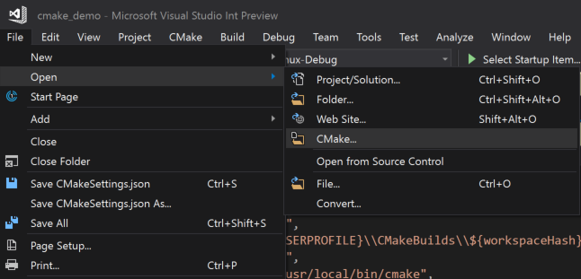 Screenshot of Visual Studio menu showing File > Open > C Make. A folder has yet to be opened. This is just the menu opened to this point.