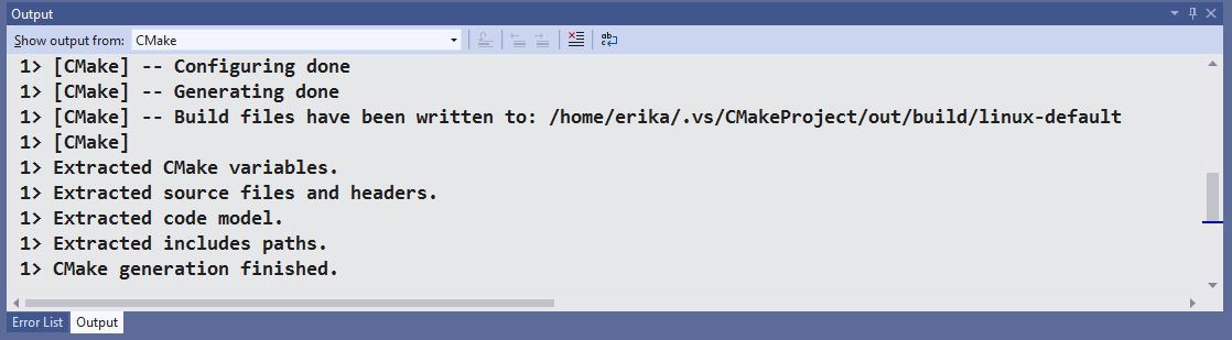 Visual Studio の [出力] ウィンドウのスクリーンショット。これには、C Make の生成が完了したことを含む、構成ステップ中に生成されたメッセージが含まれています。