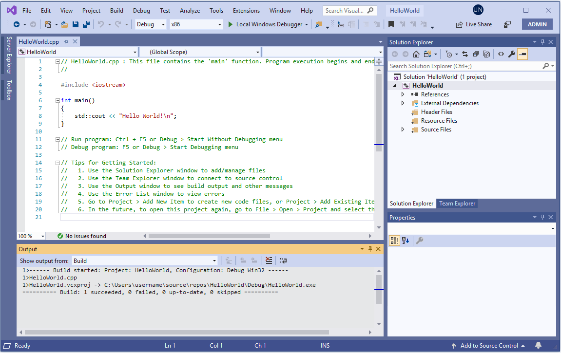 Screenshot of the Hello World project in the IDE.