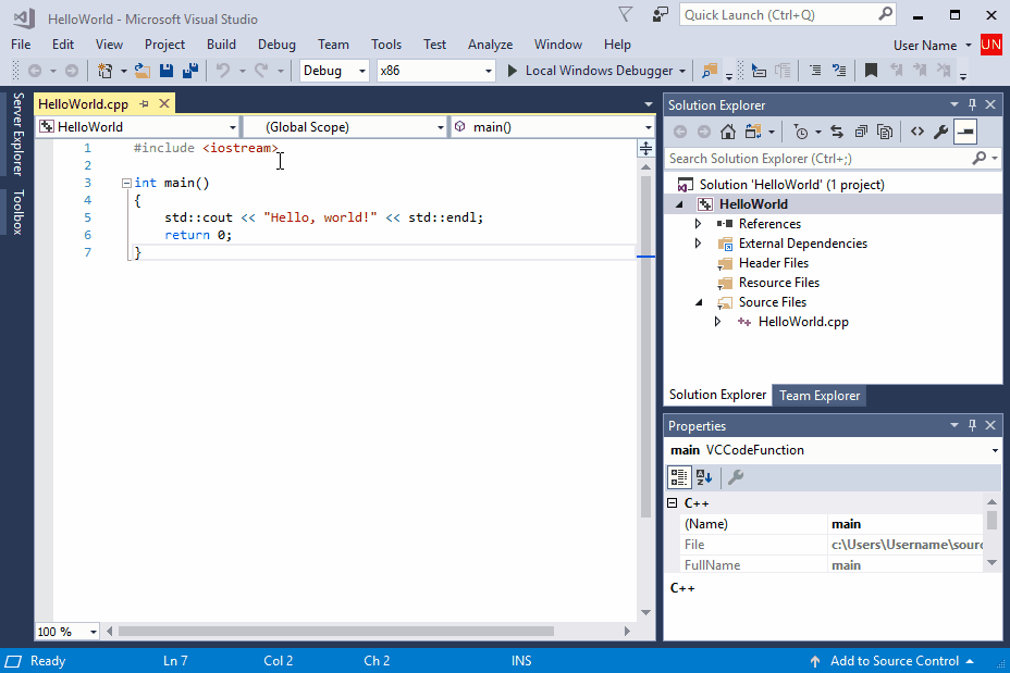 Visual Studio でプロジェクトをビルドするために実行される一連のアクションを示すアニメーション化されたスクリーンショット。