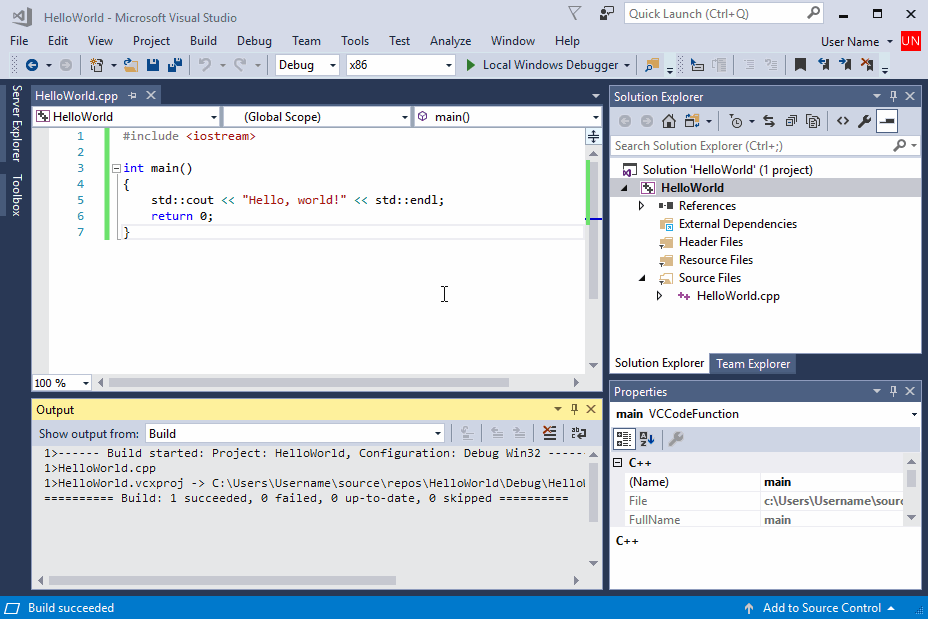 Visual Studio でプロジェクトを開始するために実行されるアクションを示すビデオ。