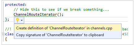 Screenshot showing the quick fix with the Create definition of Channel Route Iterator in channels dot C P P option highlighted.