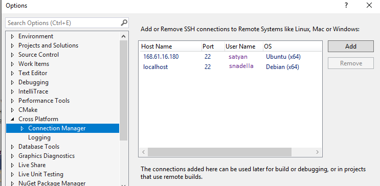 Screenshot showing the Options dialog box with Cross Platform > Connection Manager selected.