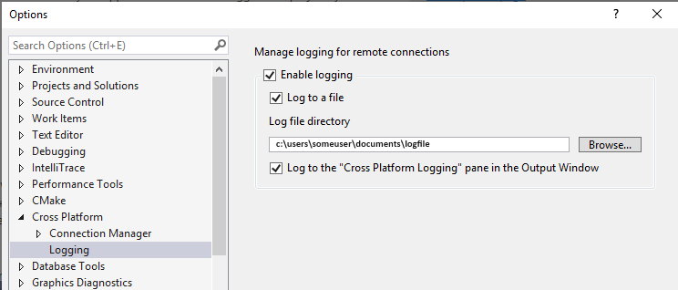 Screenshot of the Options dialog showing Remote Logging options.
