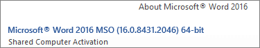 [Wordについて] ダイアログ ボックスのスクリーンショット。MSO バージョン番号の下に [共有コンピューターのライセンス認証] が表示されています。