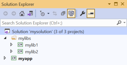 ソリューション フォルダーにグループ化されたクラス ライブラリ プロジェクトを示すソリューション エクスプローラー。