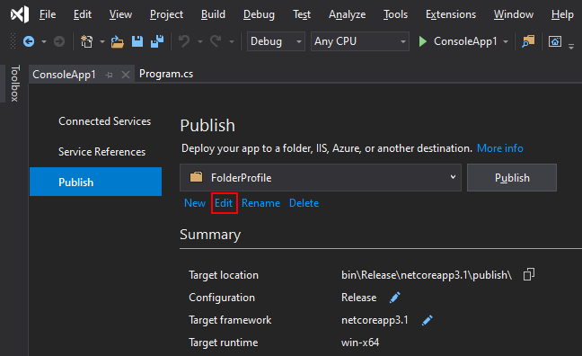 [編集] ボタンが強調表示された Visual Studio の発行プロファイルを示すスクリーンショット。