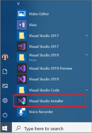 Open the Visual Studio Installer from Windows