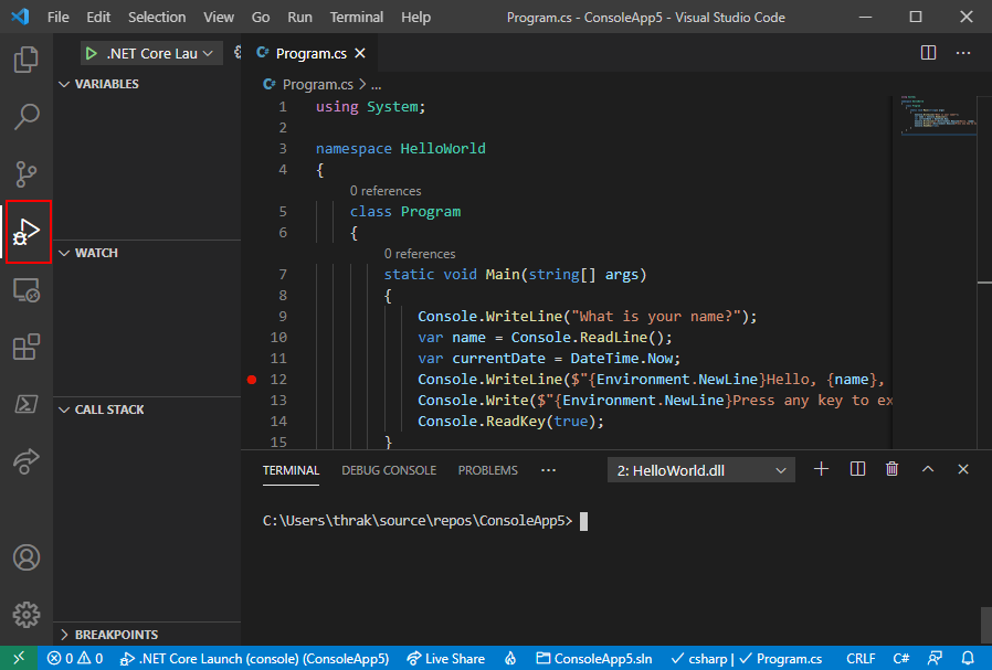 Open the Debug tab in Visual Studio Code