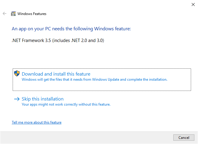Windows Features dialog box suggesting to install .NET Framework 3.5