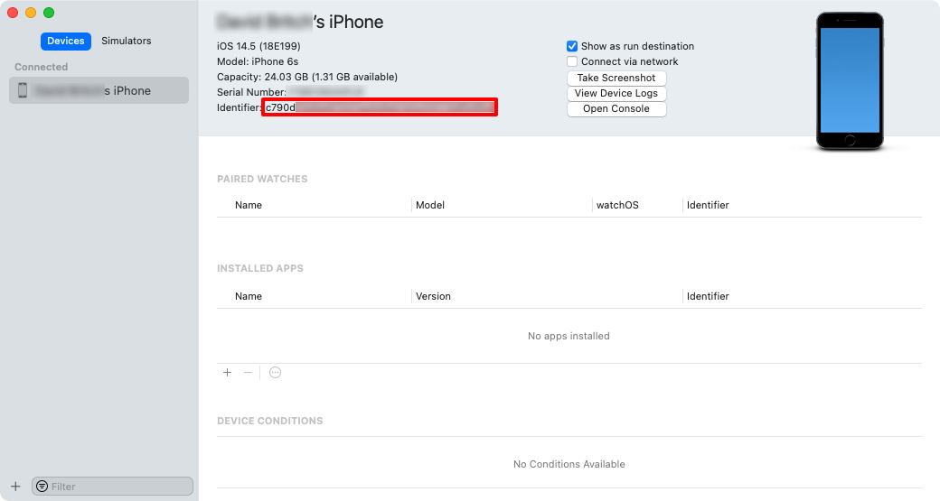 iOS 識別子文字列の場所が強調表示されている Xcode デバイスとシミュレーターウィンドウ。