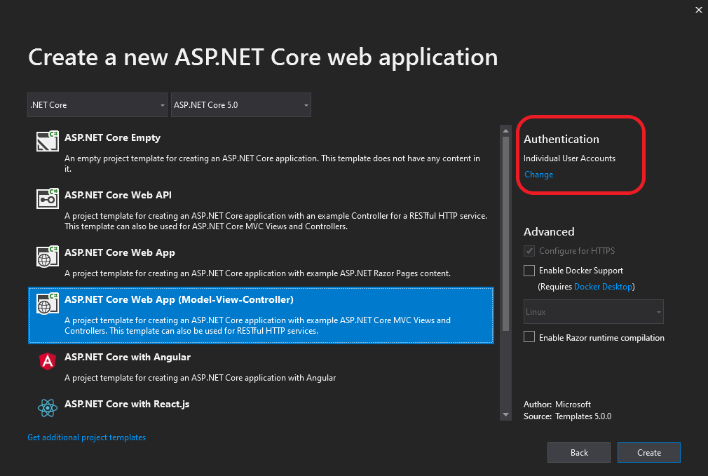 [新しい ASP.NET Core Web アプリケーション] ダイアログのスクリーンショット。