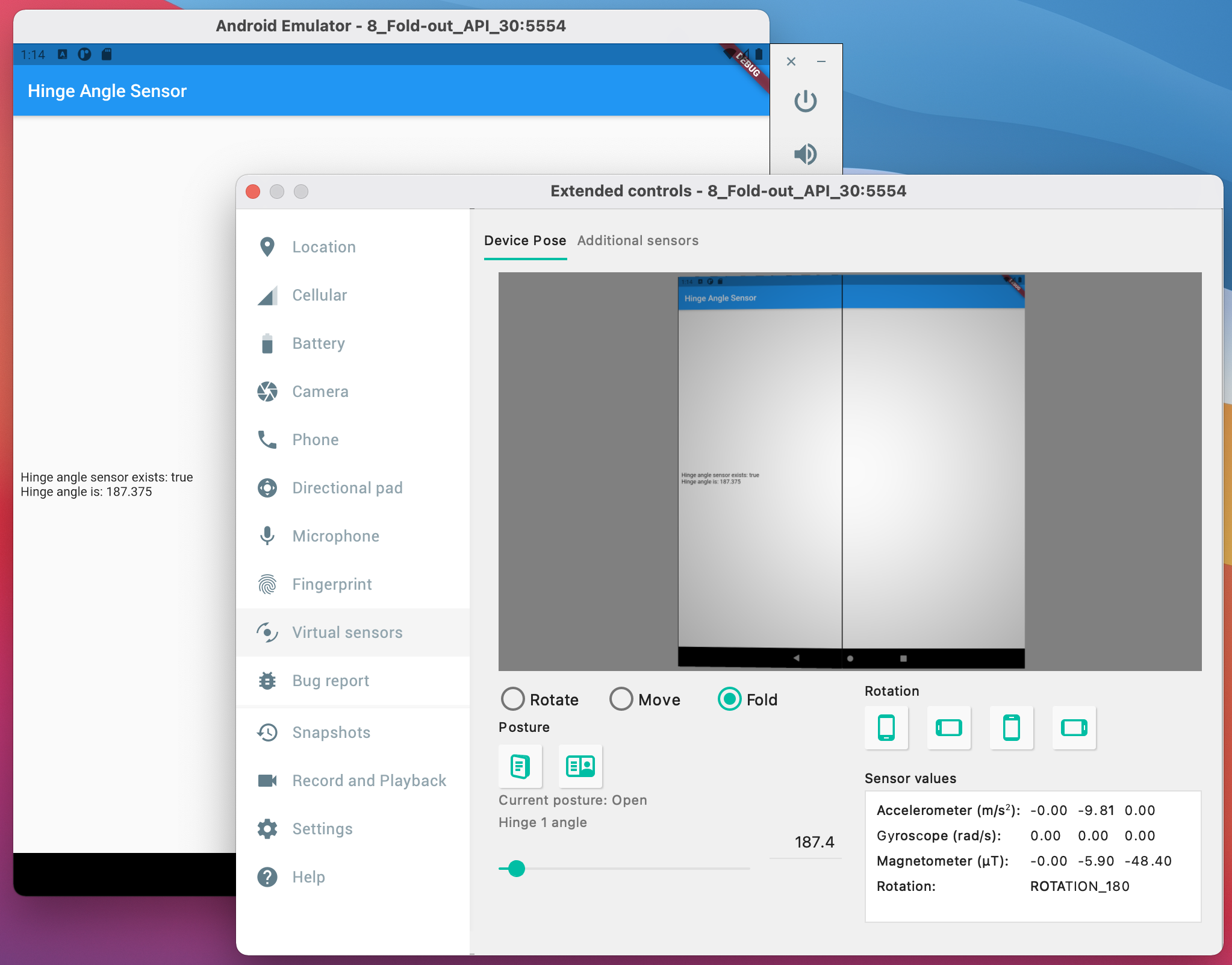 Android Studio の折りたたみ可能なエミュレーターで実行されている Flutter dual_screen サンプル