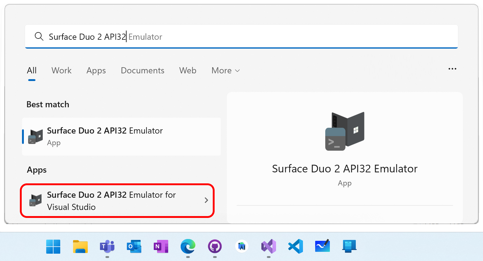 Start menu entry for Surface Duo emulator