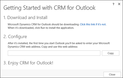 Dynamics 365 for Outlook ダイアログボックスを開始する。