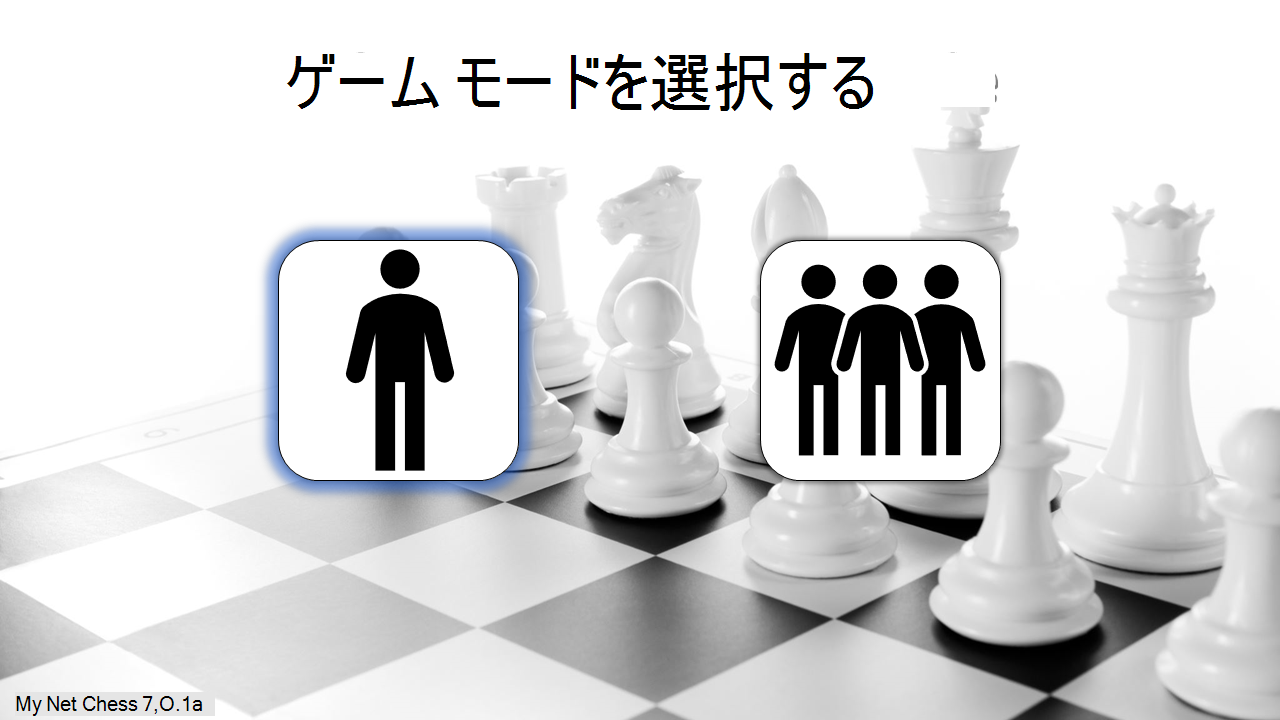 My Net Chess という偽ゲームのメニュー。 中央上部のテキストには「ゲーム モードを選択してください」と書かれています。 このテキストの下に、2 つの大きな白黒のアイコンがあります。 人は一人です。 1 つは 3 人です。