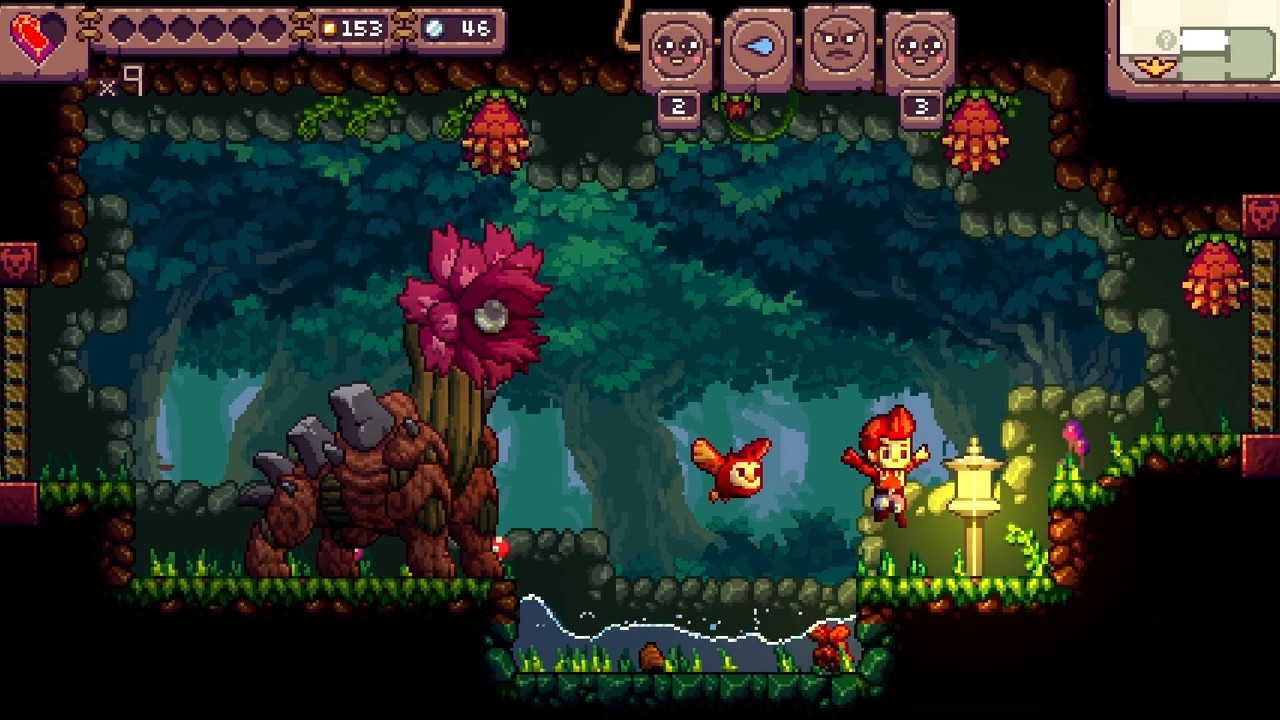 ゲーム Eagle Island のアクティブなゲームプレイ キャプチャ。 キャラクターは、木、花、黄色く光るランプのあるカラフルな背景に対して動いています。 
