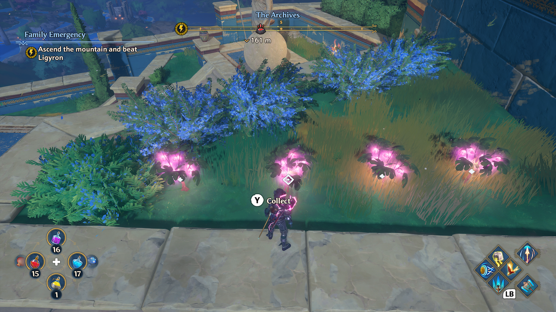 ゲーム内アイテムを収集しようとしているプレイヤーキャラクターを示す Fenyx Immortals Rising のスクリーンショット。文字の上には、Y ボタン アイコンの後に 