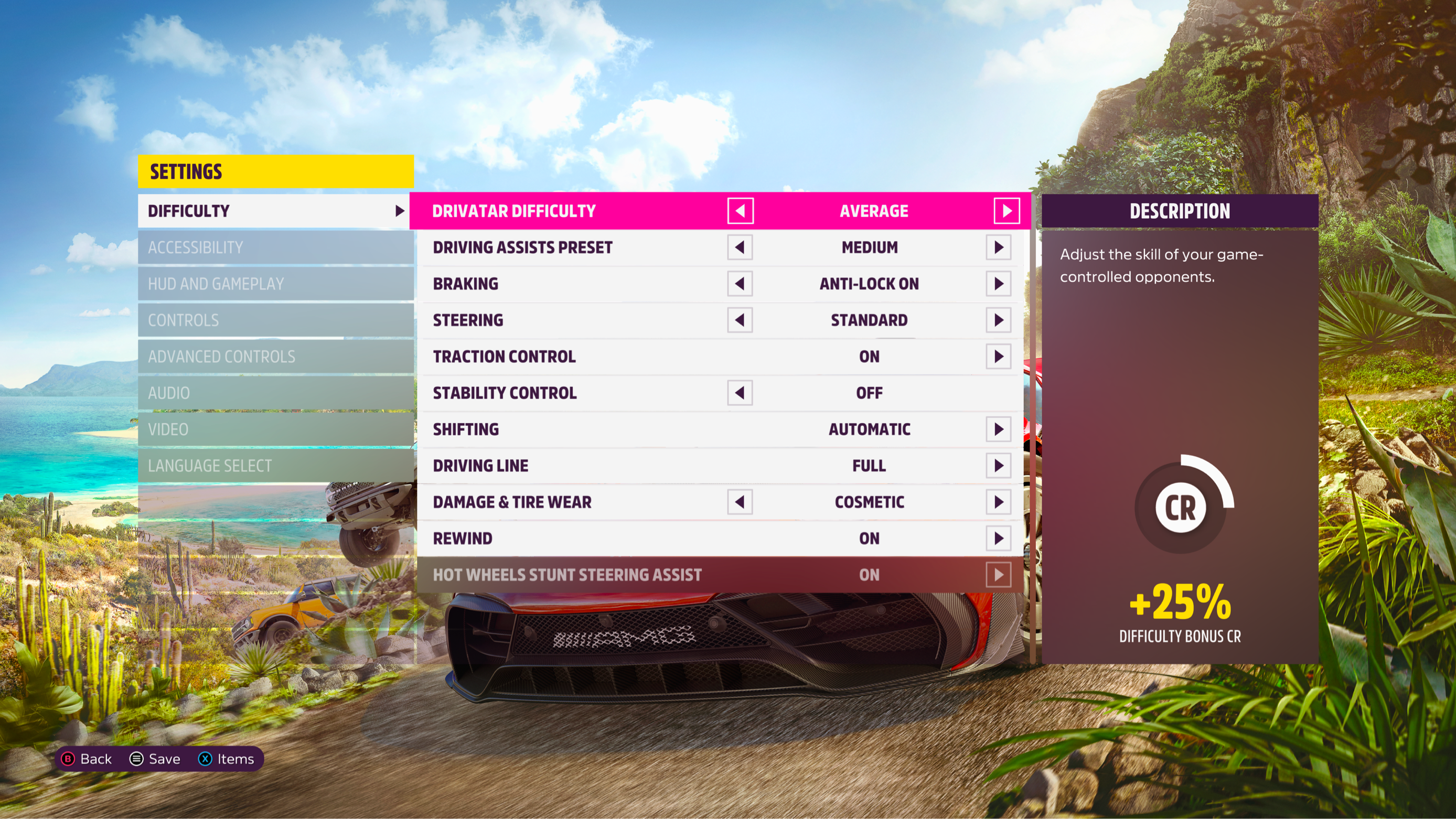 運転アシストの難易度が AVERAGE に設定されている Forza Horizon 5 ゲーム設定のスクリーンショット。