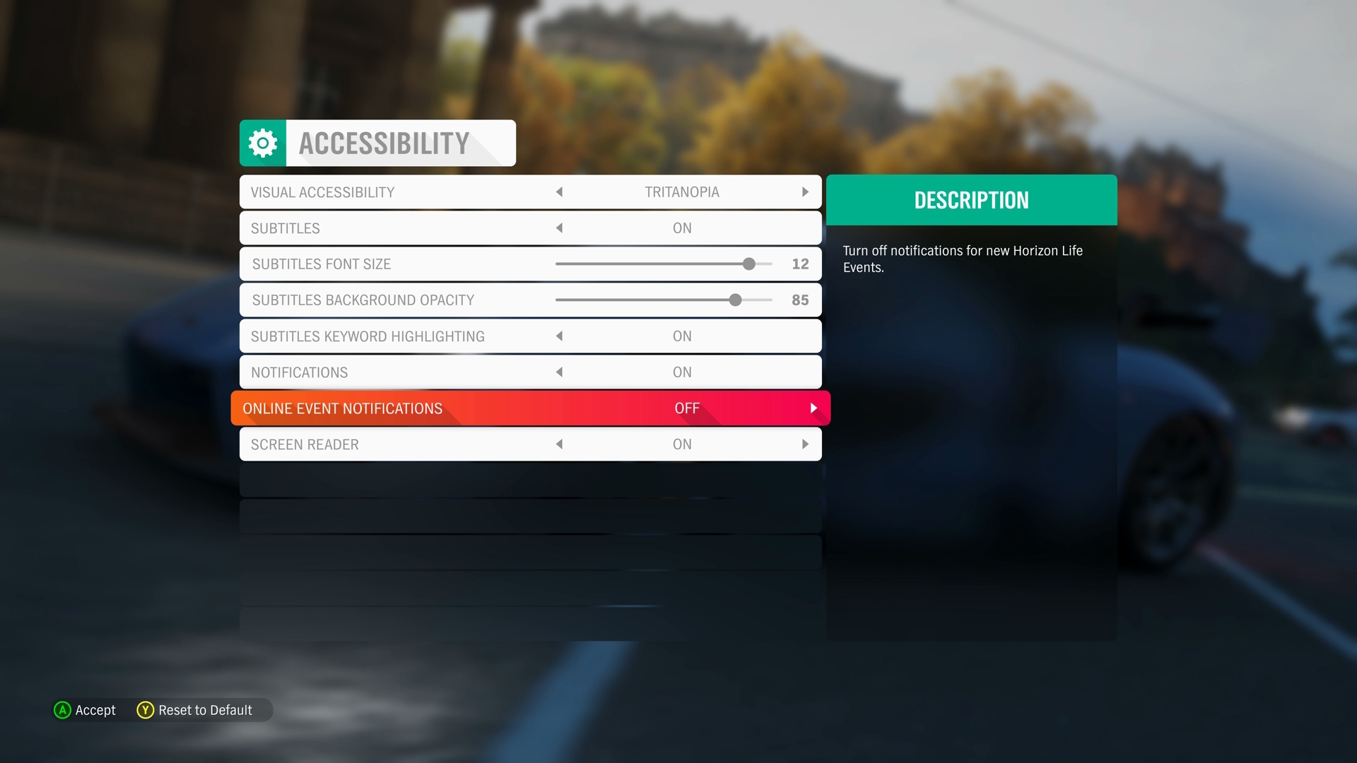 Forza Horizon 4 のアクセシビリティ設定メニューのスクリーンショット。[オンライン イベント通知] タブ フォーカスがあります。
