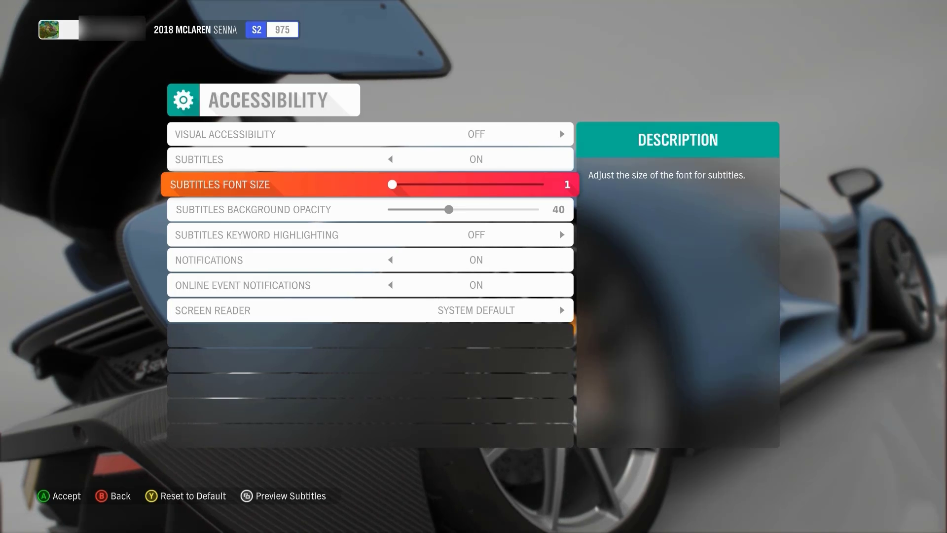 Forza Horizon 4 のアクセシビリティ設定メニューのスクリーンショット。 [字幕のフォント サイズ] オプションにフォーカスがあります。 現在のスライダー値は 1 です。