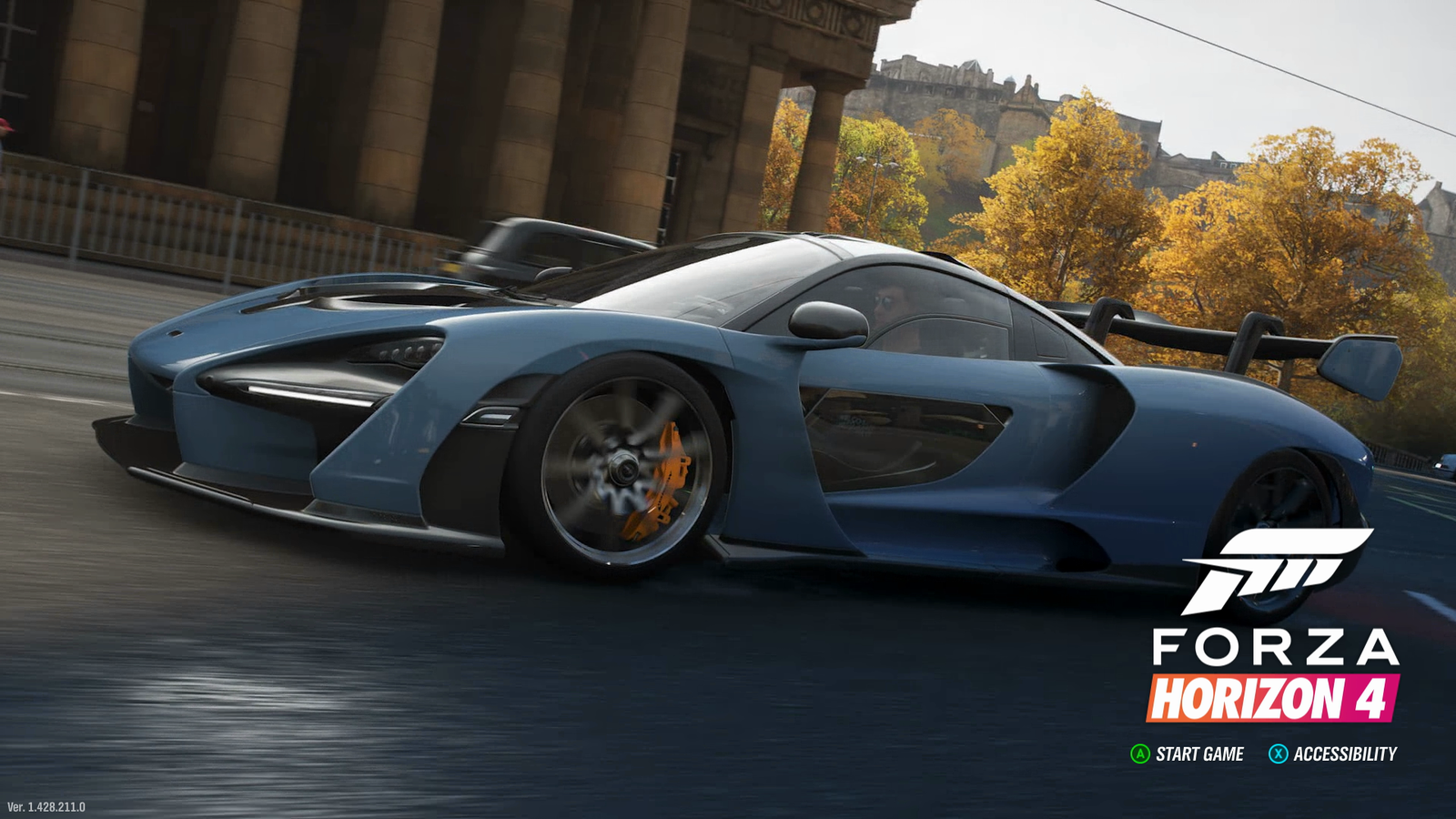 Forza Horizon 4 のランディング画面のスクリーンショット。 「Press A to start game」と「Press X for Accessibility」という 2 つのナビゲーション プロンプトがあります。