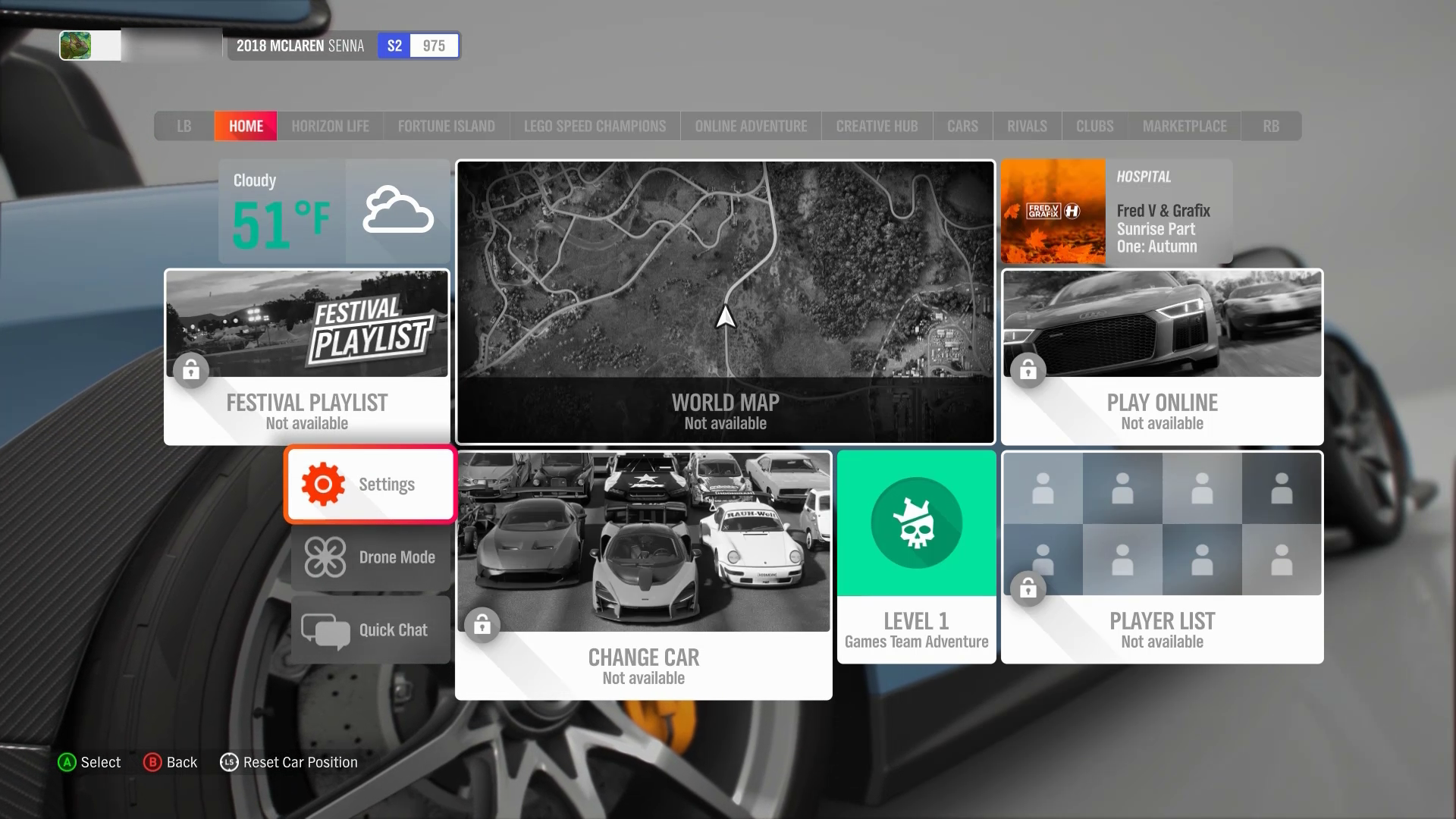 Forza Horizon 4 のメイン メニューのスクリーンショット。