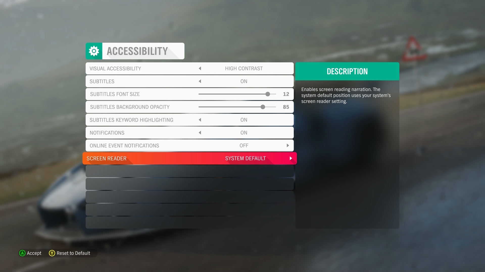 Forza Horizon 4 の [アクセシビリティ] 設定メニューを示すスクリーンショット。[スクリーン リーダー] 項目が強調表示され、[システムの既定値] に設定されます。