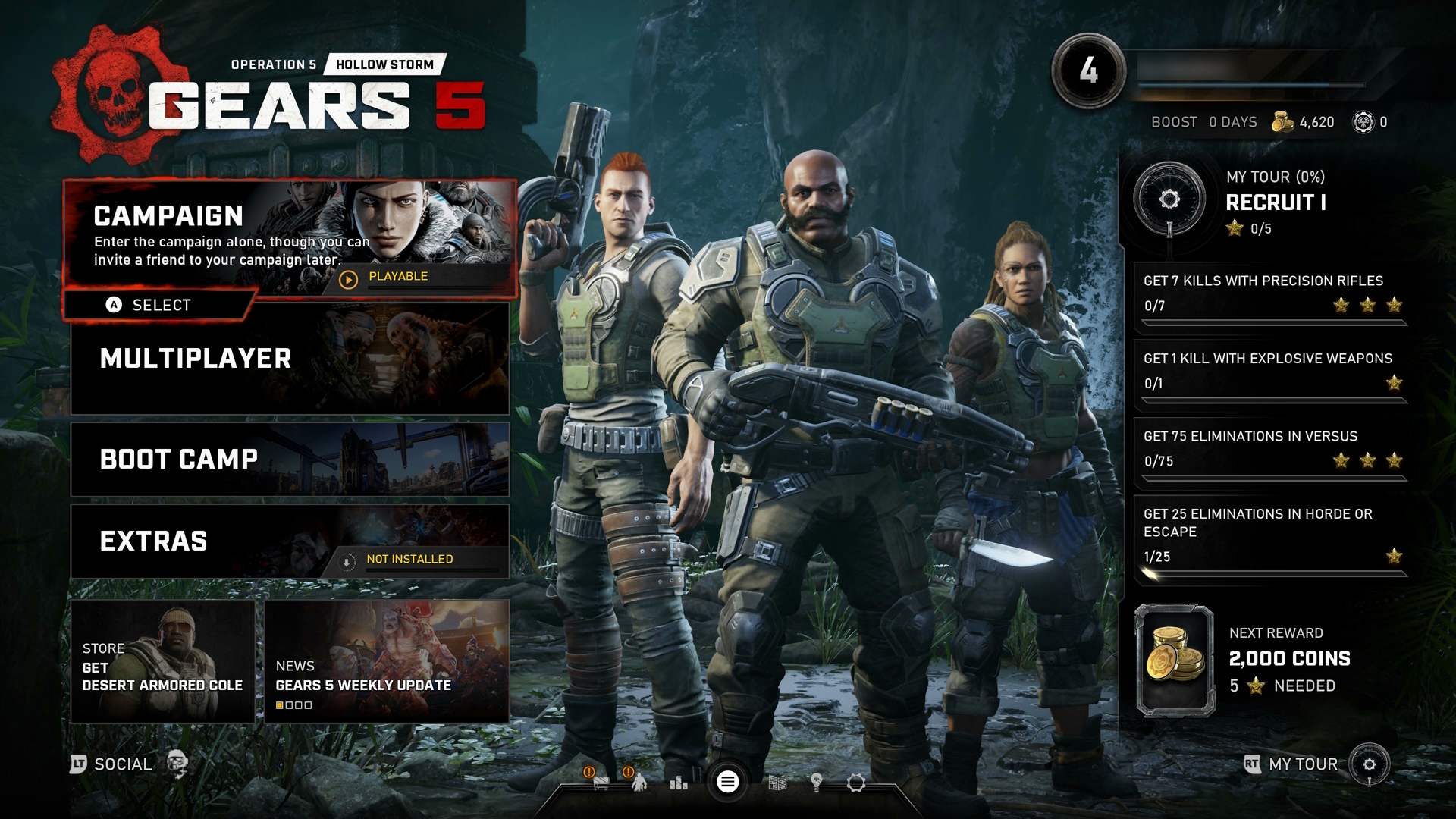 Gears 5 のメイン メニュー。 プレイヤーのキャンペーン オプションが強調表示されています。