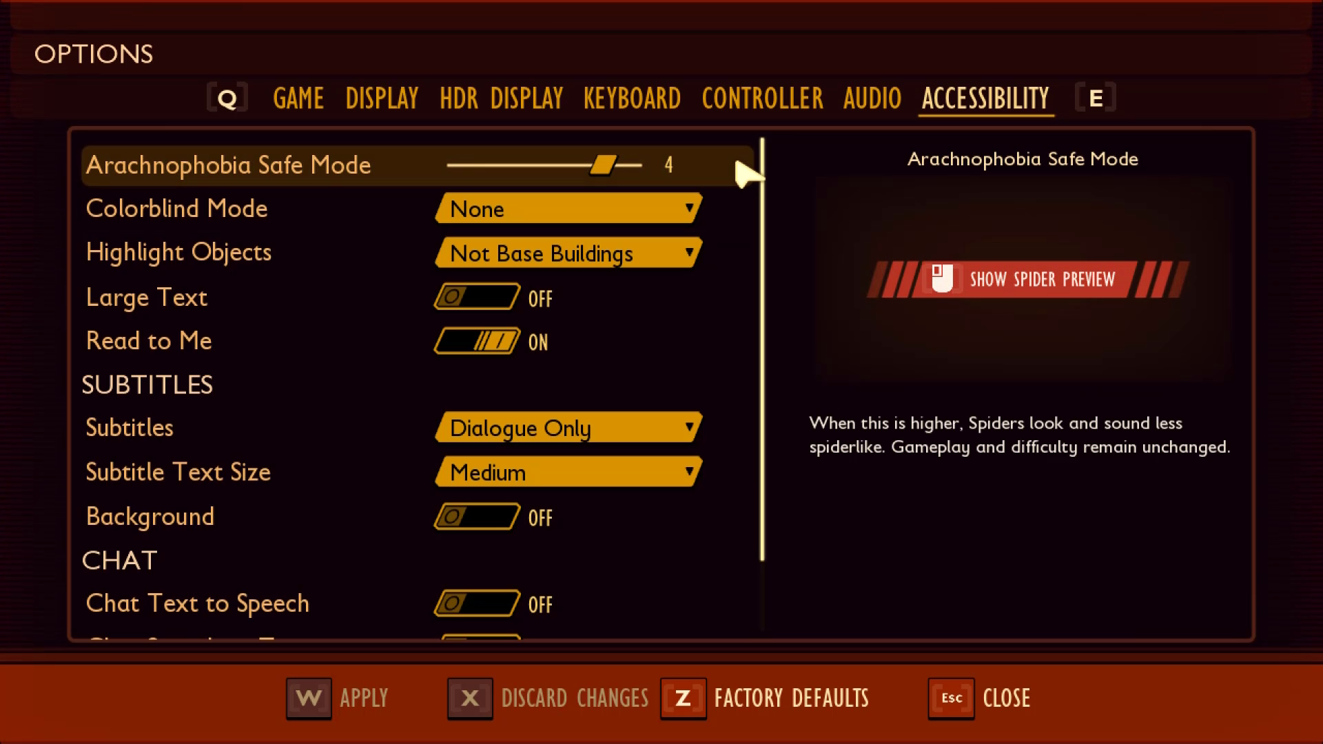 「オプション メニュー」を表示している、Grounded のスクリーンショット。 [アクセシビリティ] タブが選択され、画面の右側のウィンドウに [Arachnophobia Safe Mode] が表示されます。
