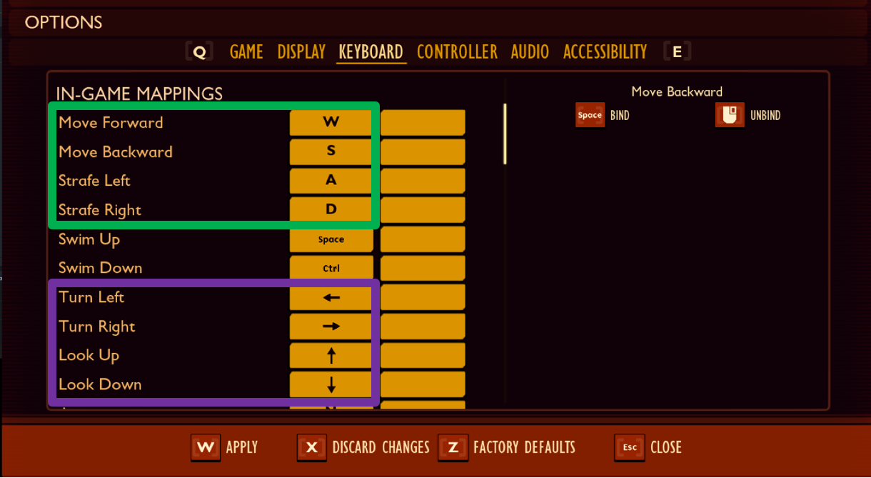 Grounded の OPTIONS メニューで、WASD の表記と矢印キーでゲーム内マップを示すスクリーンショット。