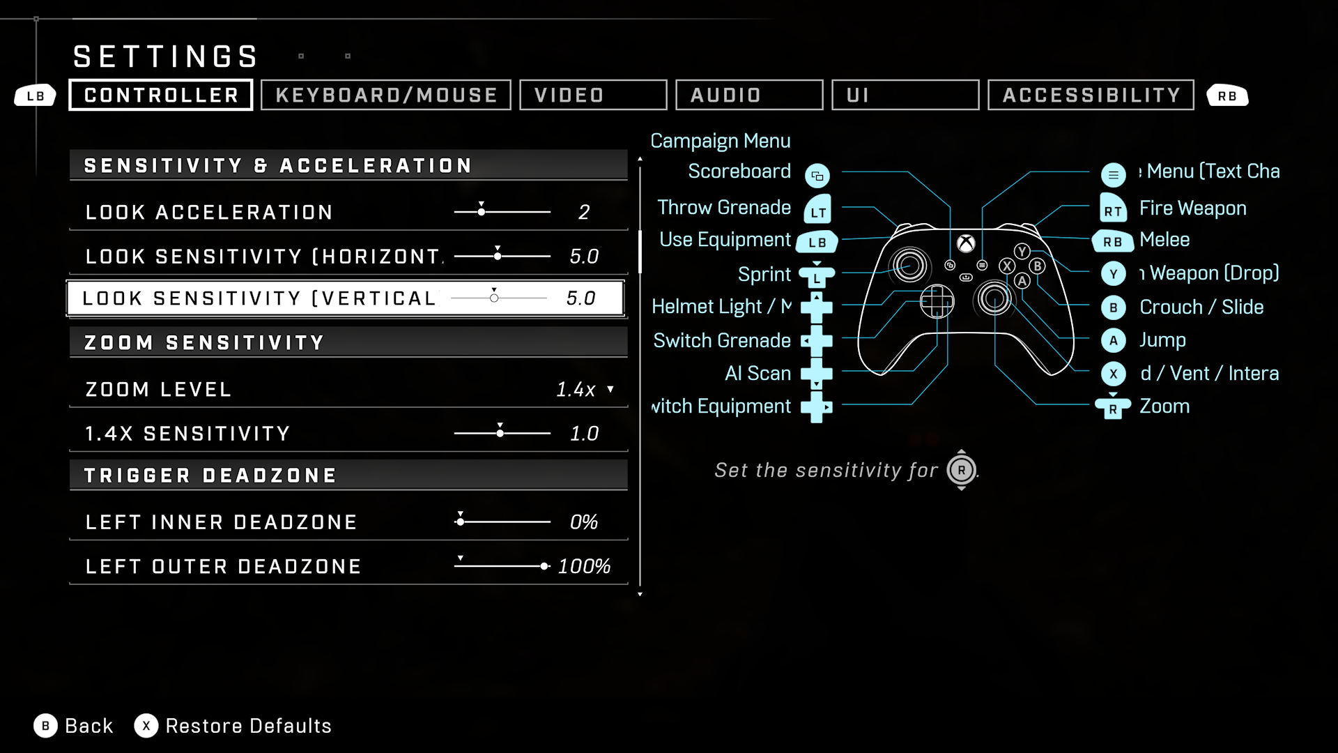 コントローラー設定メニューの Halo Infinite スクリーンショット。オプションの一覧 (