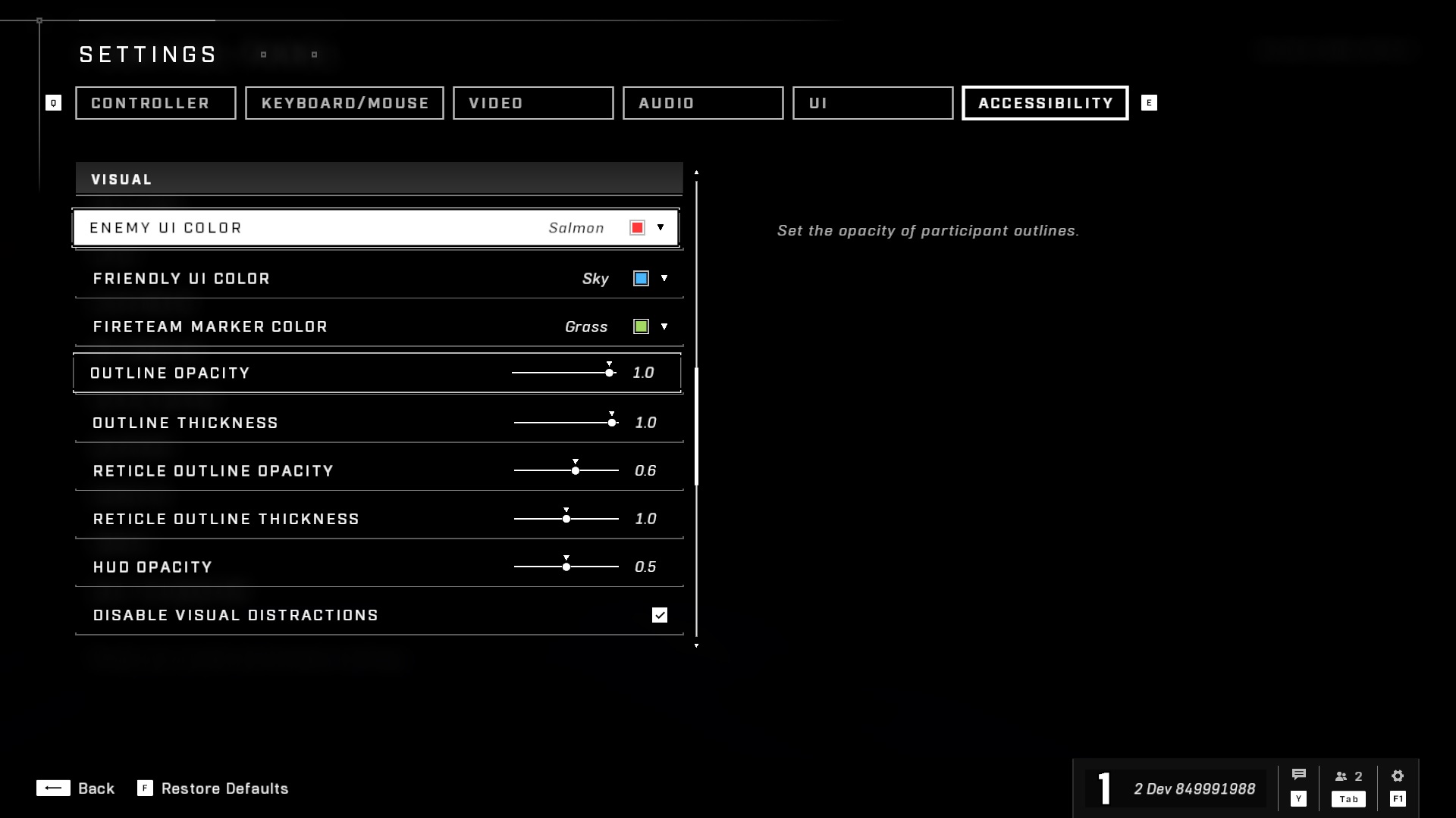 アクセシビリティに関連する Halo Infinite ゲーム設定のスクリーンショット。[敵の UI 色] と呼ばれるビジュアル関連の設定をサーモン色に設定しています。