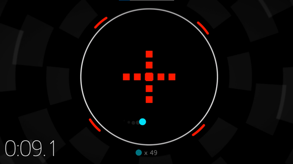 Hyperdot Drifter のハイ コントラスト モード。 アリーナは黒い円で、中央に赤い四角の断面があります。 プレーヤーは、赤い四角を避けるためにアリーナ内を移動する青い点で表されます。