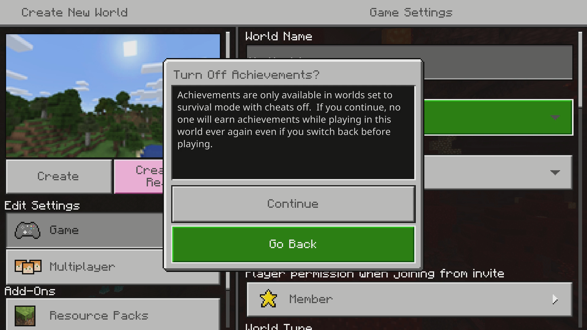 Minecraft の [新しいワールドの作成] メニューのスクリーンショット。画面にダイアログ ボックスがあります。