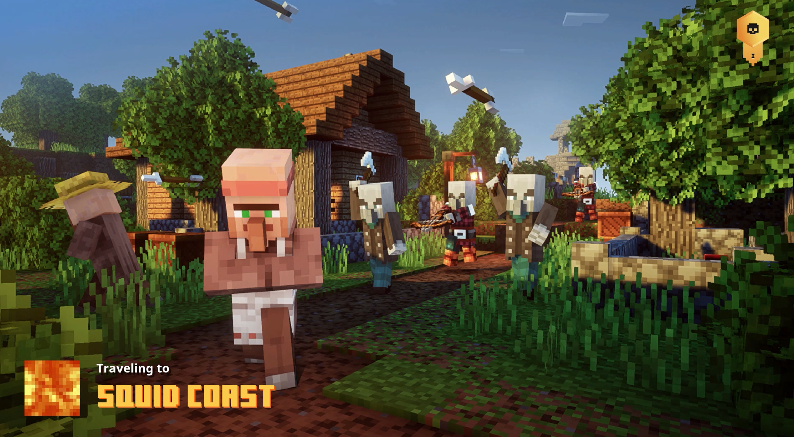 Minecraft ダンジョンの読み込み画面。画面には、ゾンビに追われている Minecraft のキャラクターが表示されます。「イカ海岸を旅する」というテキストが含まれています。 