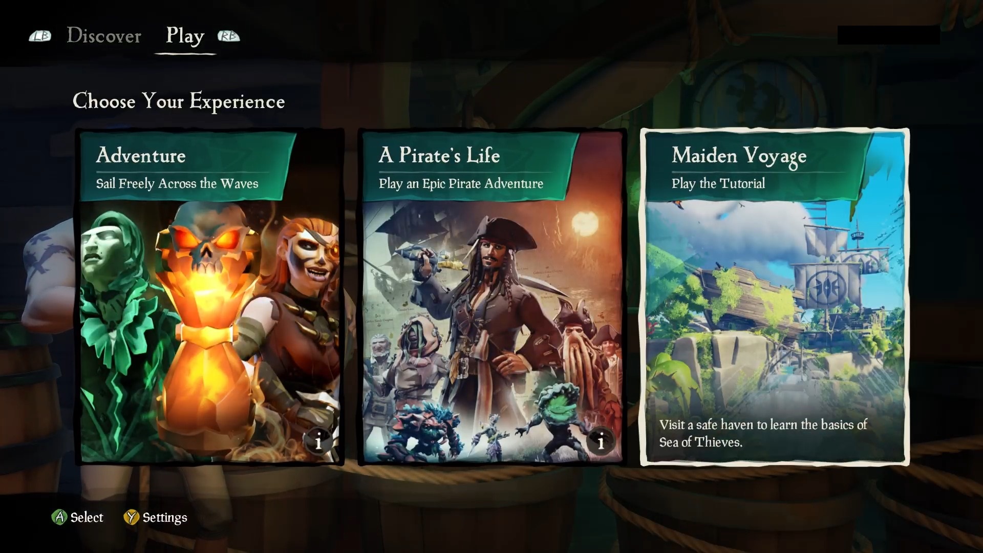 Sea of Thieves ゲームのスクリーンショット。[Choose Your Experience with Studio - Play the Tutorial selected](チュートリアルを選択して再生) を示しています。