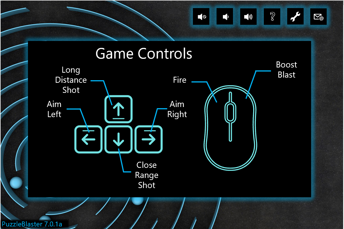PuzzleBlaster という偽のゲームのゲーム コントロール メニュー。 矢印キーとマウスの図には、ゲーム内の機能がラベル付けされています。 