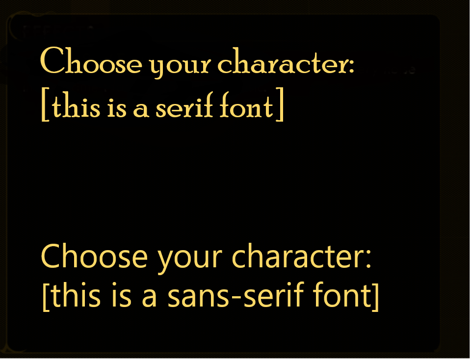 比較のためにセリフとサンセリフのフォントで書かれた「キャラクターを選んでください」というフレーズ。