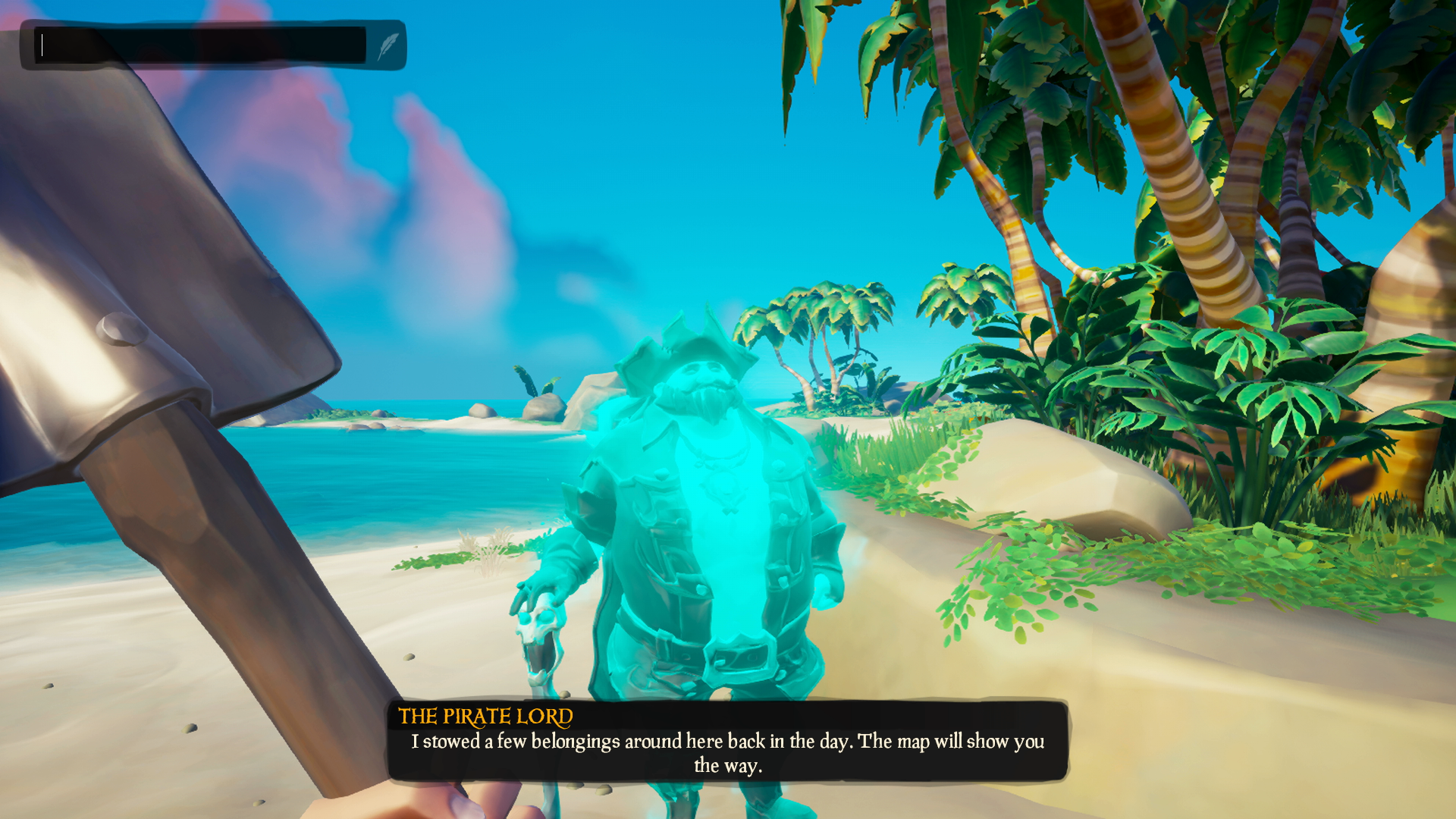ビーチで幽霊のような海賊とのやり取りを示す Sea of Thieves のスクリーンショット。画面の左上隅に、カーソルが表示されたテキスト入力ボックスが表示されます。