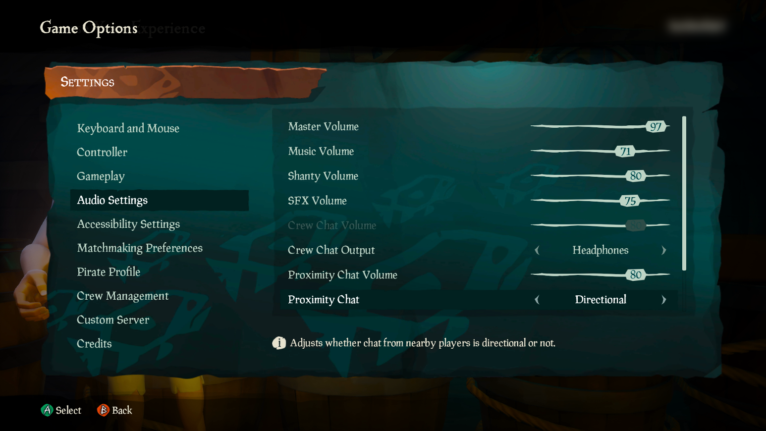 [オーディオ設定] タブが選択されている Sea of Thieves ゲーム オプションのスクリーンショット。
