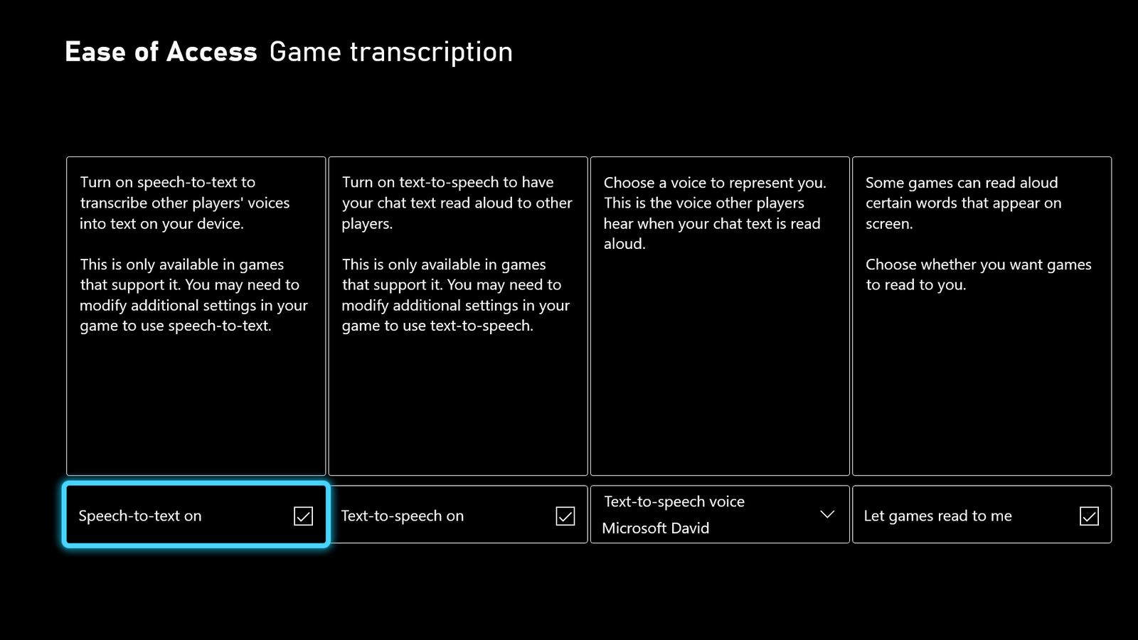  Xbox ダッシュボードの [簡単操作] 設定のスクリーンショット。[ゲーム トランスクリプト] オプションが表示され、