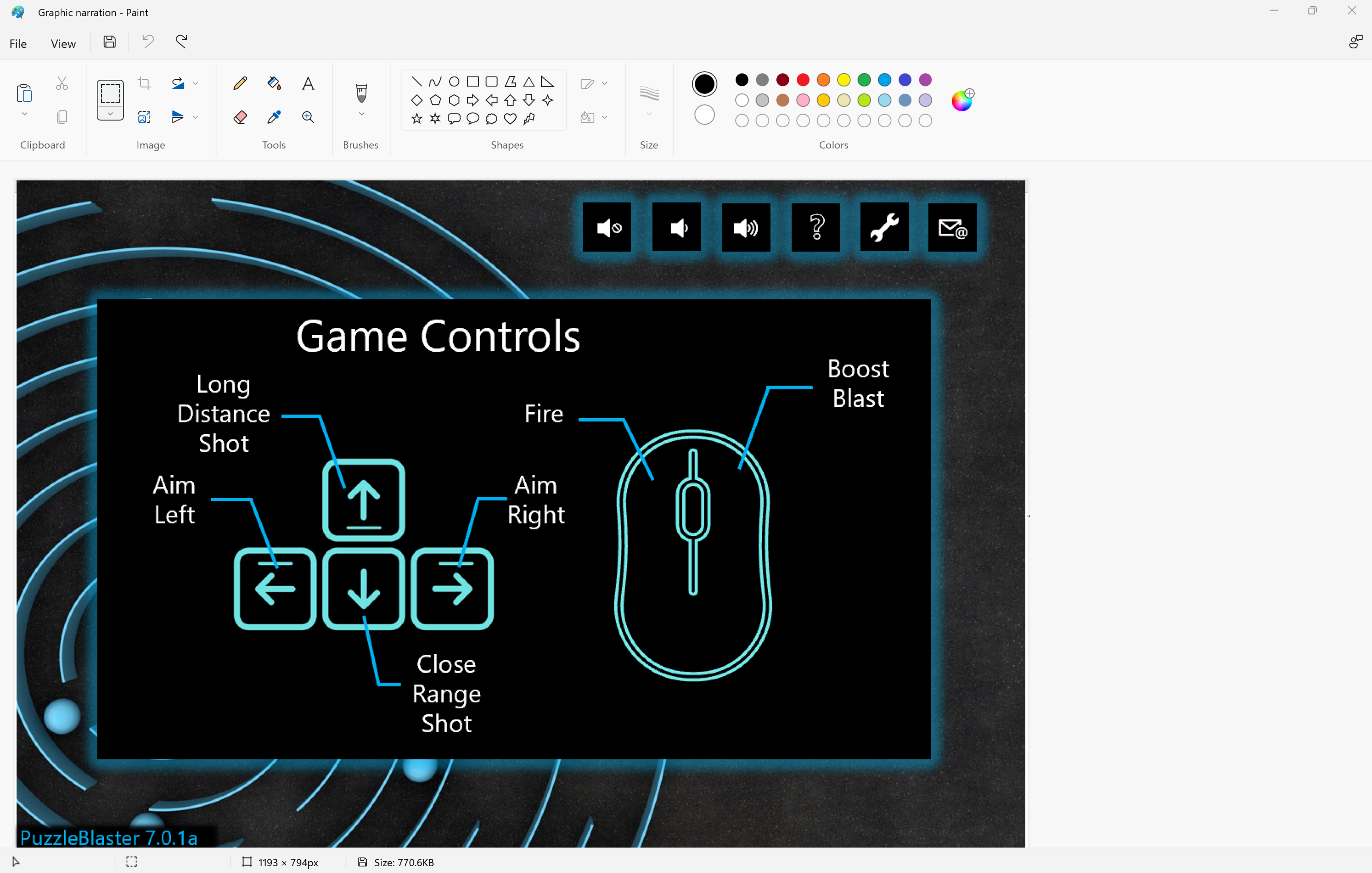 パズル ゲームのゲーム制御メニュー UI の画像を貼り付けた Windows ペイント アプリのスクリーンショット。
