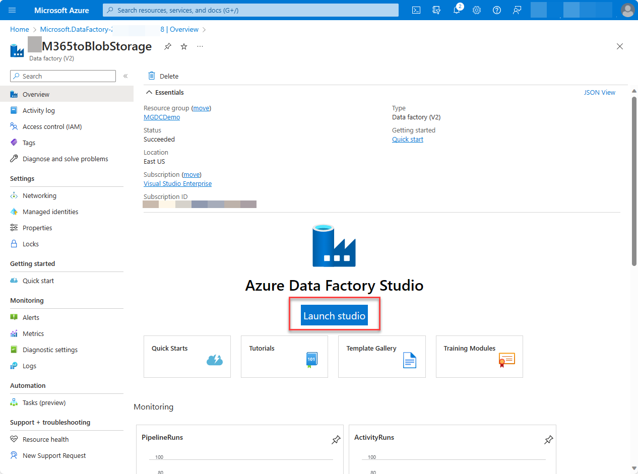 [Azure Data Factory Studio を開く] が強調表示されているAzure portal Data Factory サービス ページのスクリーンショット。