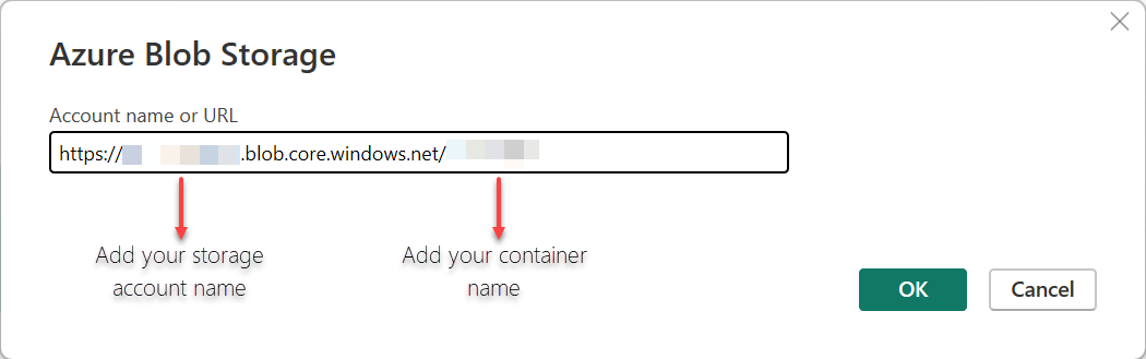 Azure Blob Storage アカウント URL を追加して Power BI でデータを取得する方法を示すスクリーンショット。