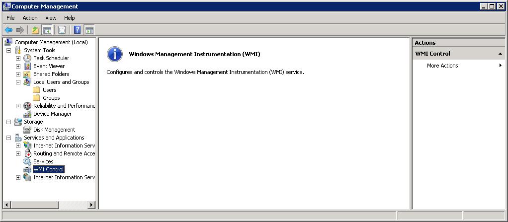Windows Management Instrumentation Control ページが表示されているコンピューター管理コンソールのスクリーンショット。