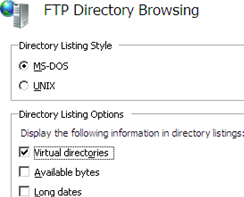 Screenshot of Directory Listing Style set as M S dash D O S and Directory Listing Options set to display Virtual directories.