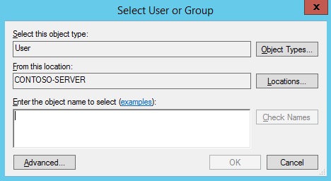 [ユーザーまたはグループの選択] ダイアログ ボックスのスクリーンショット。選択するオブジェクト名を入力するボックスは、[オブジェクトの種類を選択] ボックスと [この場所から] ボックスの下にあります。