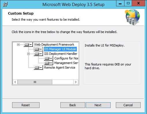 Microsoft Web Deploy 3 ポイント 5 セットアップ ダイアログ ボックスのスクリーンショット。[カスタム セットアップ] ページが表示されます。I I S Manager U I モジュールが強調表示されています。