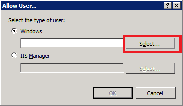 [ユーザーの許可] ダイアログ ボックスを示すスクリーンショット。Windows テキスト ボックスの横にある選択が強調表示されています。